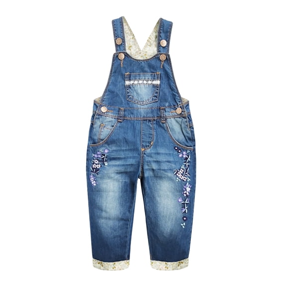 KIDSCOOL SPACE Baby&Little Girls Flower Embroidered Washed Cotton Denim Overalls,Blue,2-3 Years
