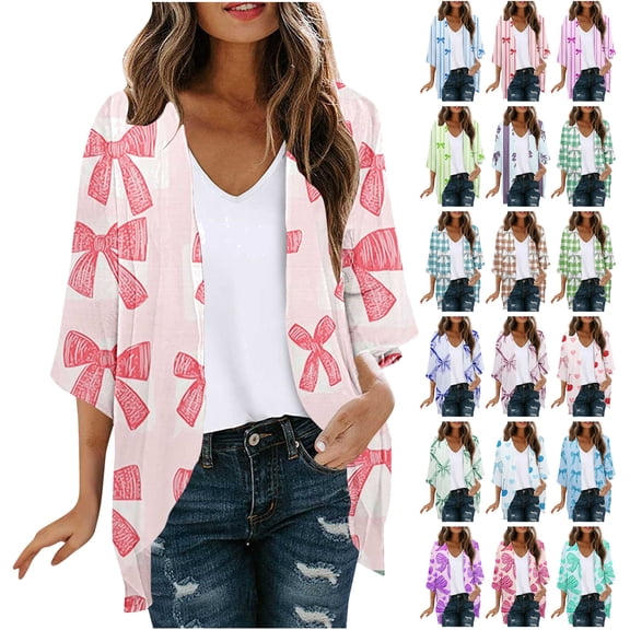 lcziwo Woman Blouses and Tops Summer Lightweight Chiffon Cardigans Trendy Floral Print Kimono Cardigan 3/4 Sleeve Coverups Shawl Beach Outfits Green L Today Prime Sales