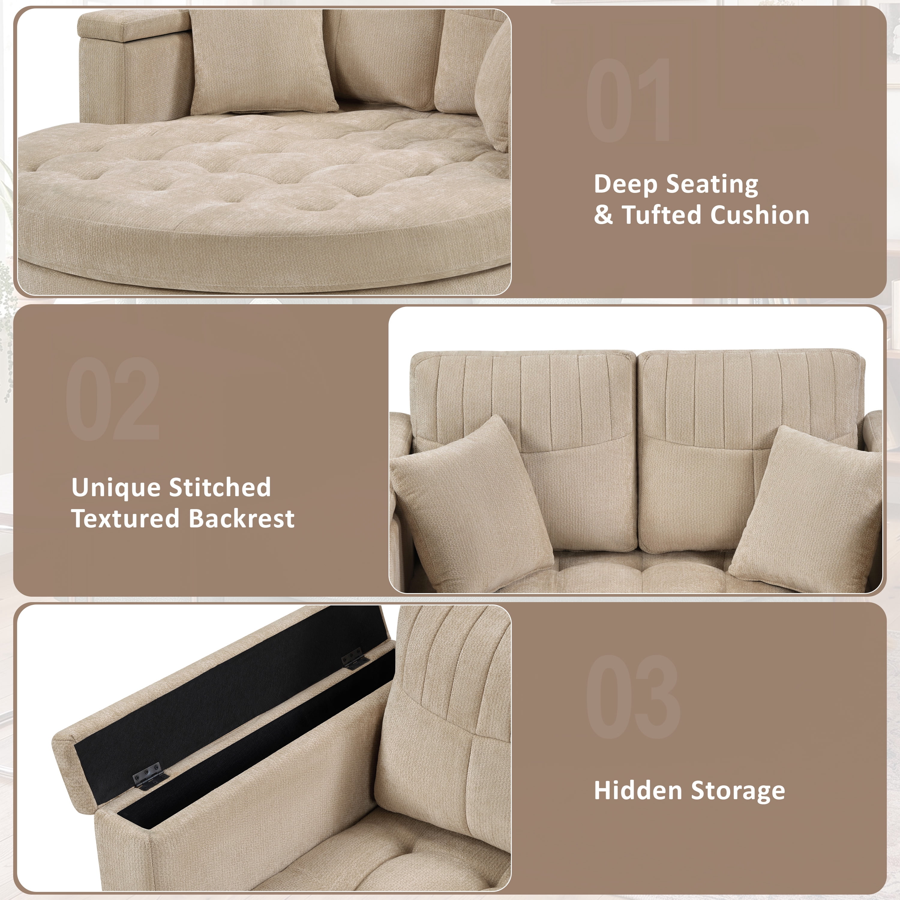 Euroco 66.9" Oversized Chaise Lounge Chair Indoor,Cloud Plush Chenille Floor Sofa Bed with Deep Seat,Storage Arms & Removable Pillows,Modern Upholstered Sofa Couch for Living Room,Khaki