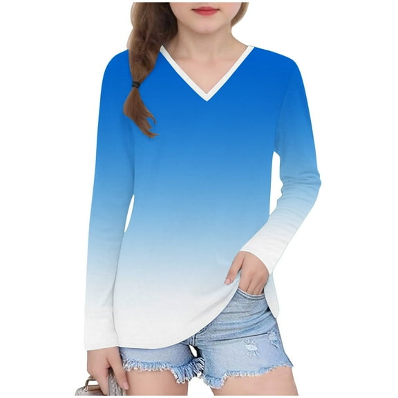 Ugoldhm Girls Fall Tops V Neck Gradient Long Sleeve Shirts Tunic Loose Fit Tees Sizes 3-13