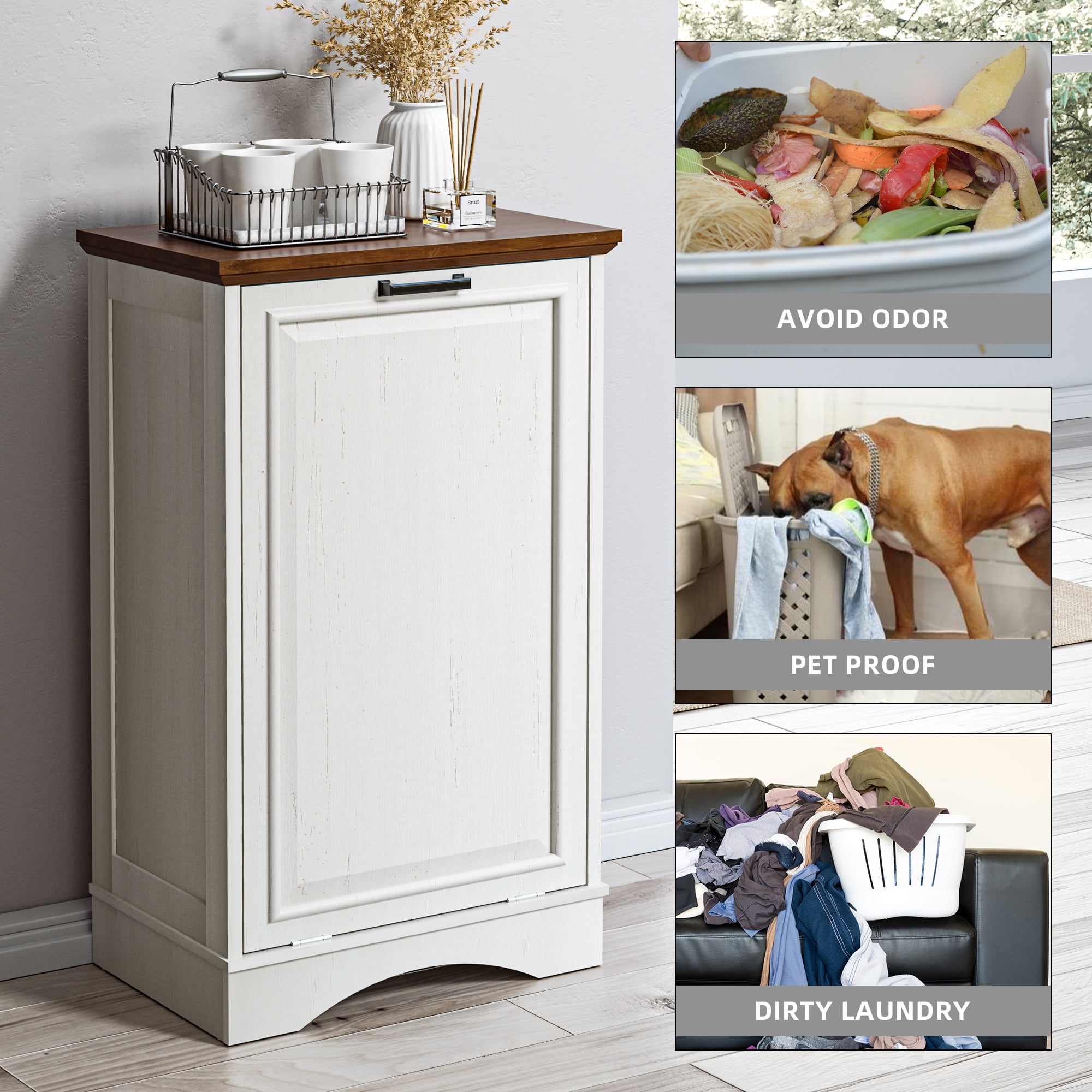 HARIPUL 13 Gallons Tilt Out Trash Cabinet with Deodorizing Function, Free Standing Kitchen Trash Cabinet Recycling Garbage Cabinet, White