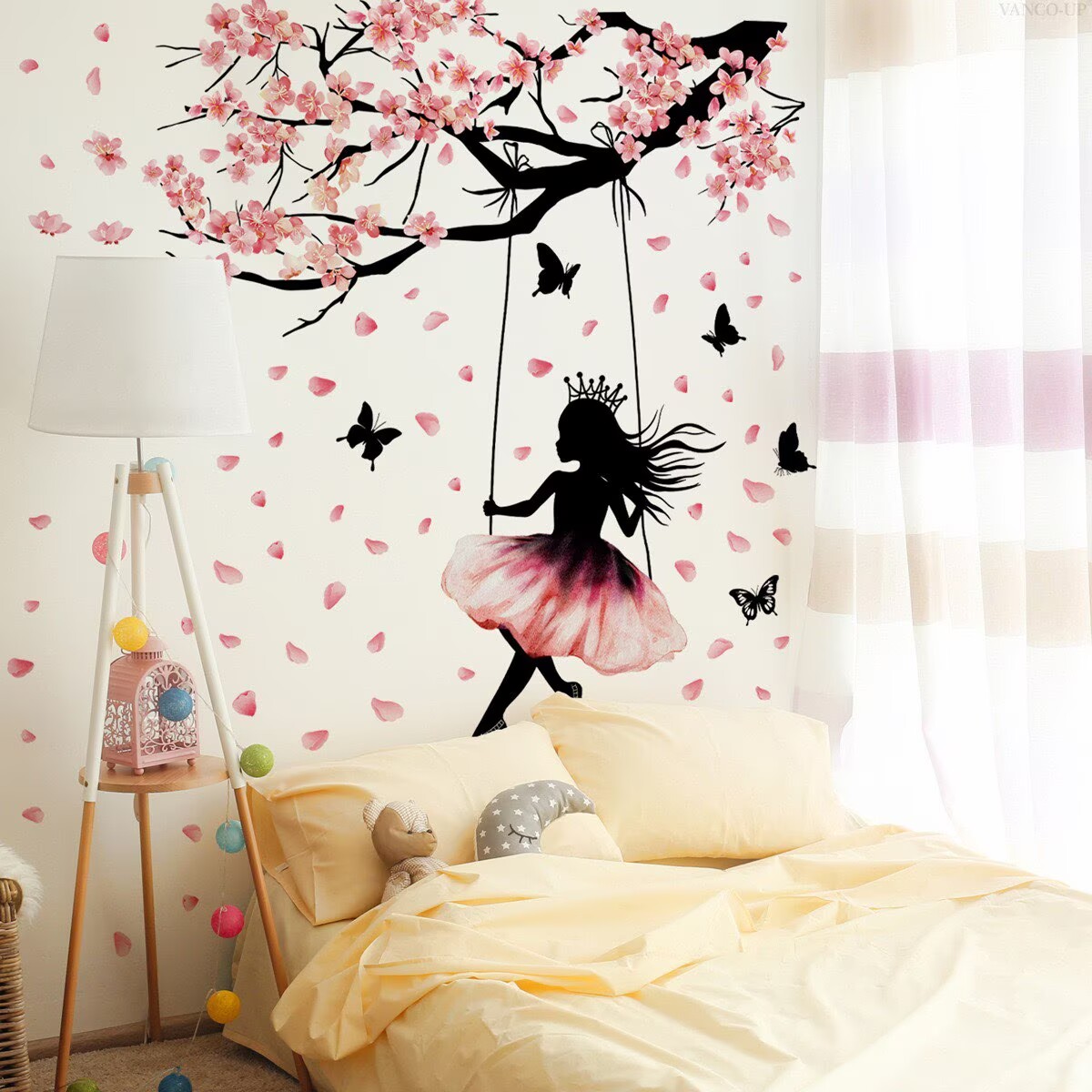 Cherry Blossom Branch Wall Decals Flower wall sticker Swing Butterfly Girl Wall Stickers Flower Walls Decal Peel and Stick Walls Murals Decor for Girl Princess Bedroom Living Room (Pink Flower Girl)