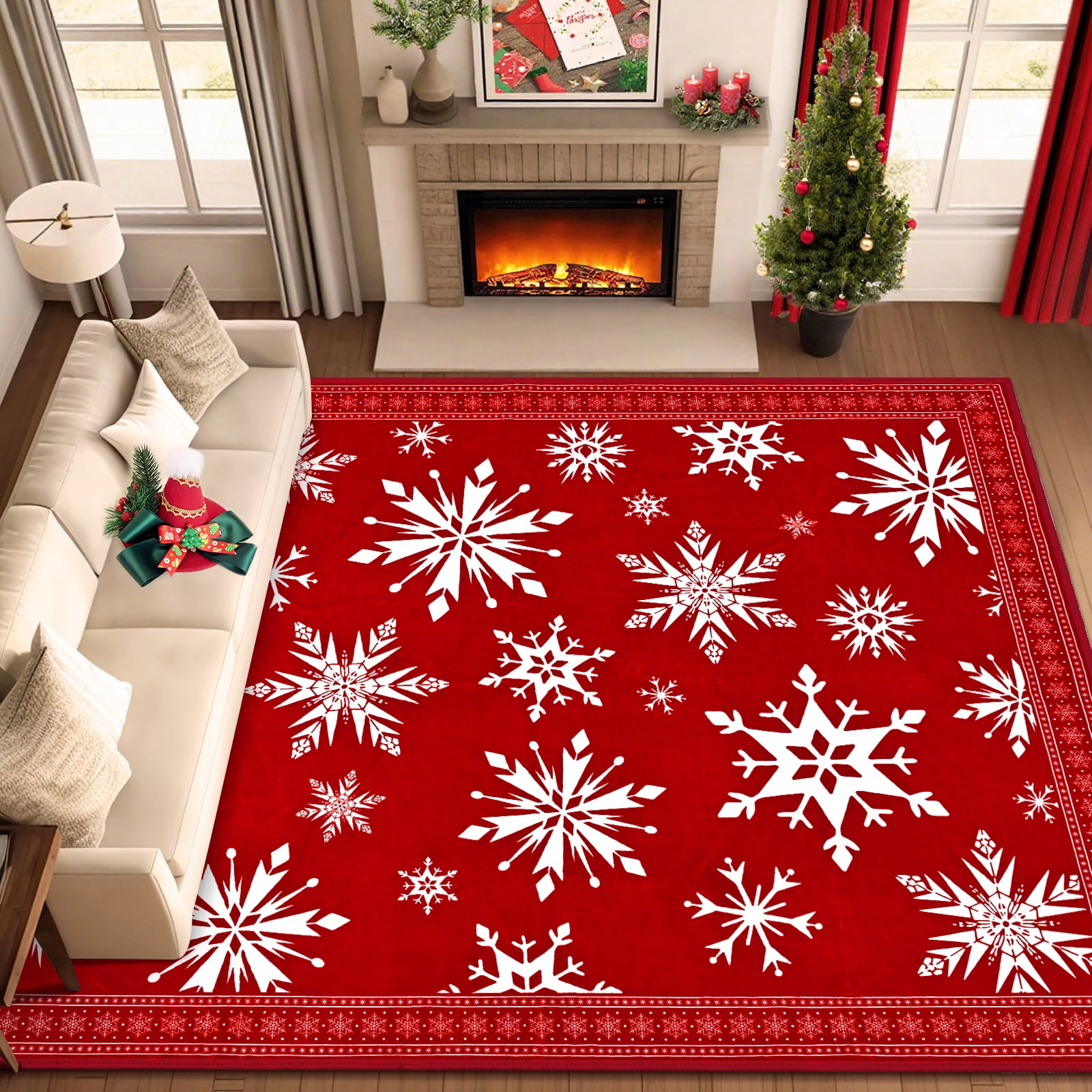 Bleum Cade Christmas Snowflake 5'x7' Area Rugs for Living Room,Red Washable Rugs for Bedroom Dinning Room,Soft Low Pile Rug,Non Slip Durable Large Carpet for Christmas Decorations