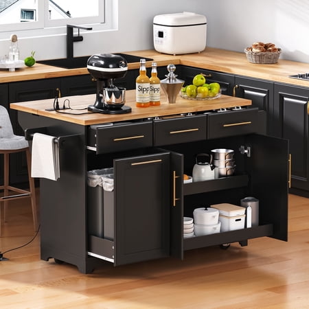 59.3 Kitchen Island with Storage 2 Pull Out Cabinet Organizers & Rubber Wood Drop Leaf Rolling Kitchen Island with Trash Can Storage Power Outlet Spice & Towel Rack for Kitchen Dining Black