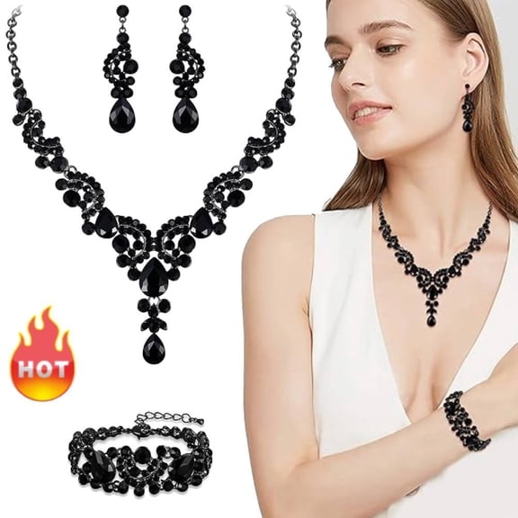 Rhinestone Crystal Bridal Art Deco Floral Wave Teardrop Necklace Earrings Bracelet Jewelry Set