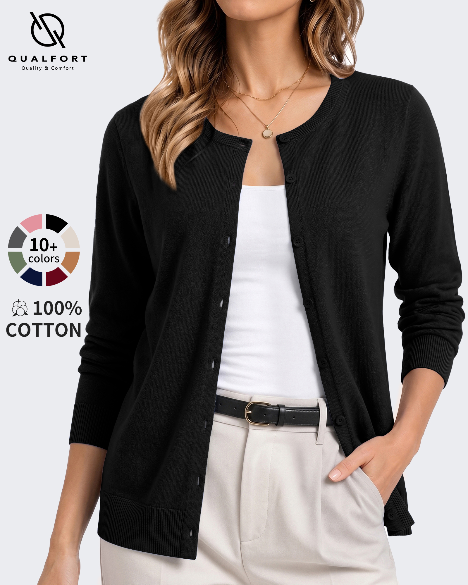 QUALFORT Women's 100% Cotton Button-Front Cardigan Sweater photo 1
