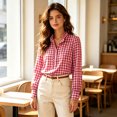 thumbnail image 5 of Women's Comfy Plaid Blouse Ruffle Collar Long Sleeve Button Front Regular Fit Weekend Wear Shirt, 5 of 7