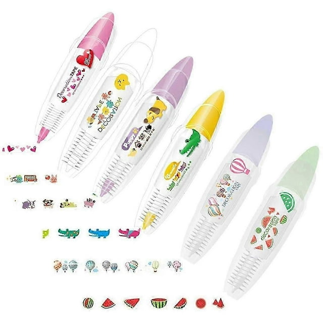 6PCS DIY Cute Animals Press Type Decorative Pen, Cute Animals Lace Correction Tape Decorative Tape