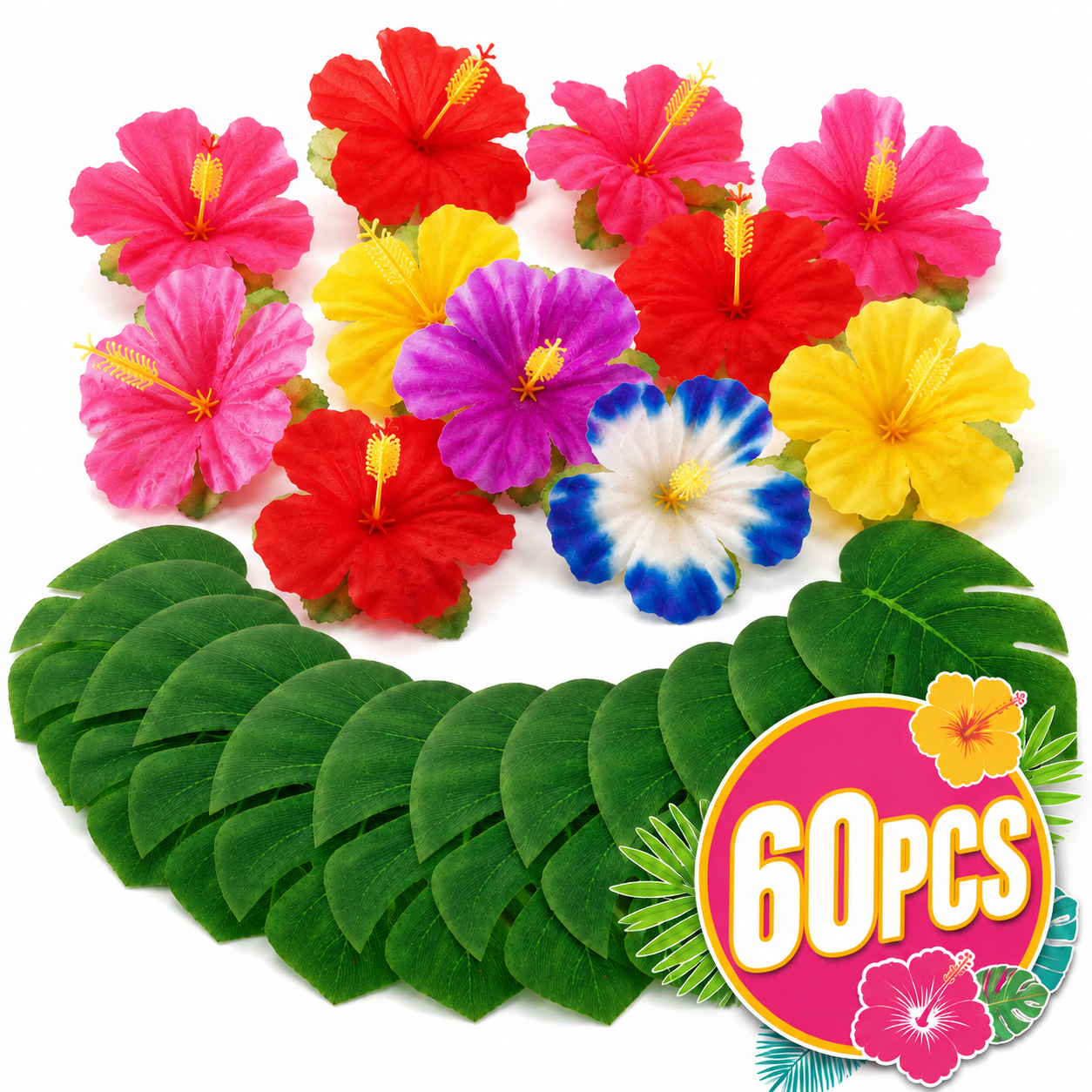 Luau Party Supplies Tropical Artificial Palm Leaves Hibiscus Flowers for Hawaiian Aloha Safari Party Favors Jungle Beach Theme Birthday Table Décor 60Pcs