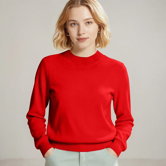 Women Sweaters Long Sleeve Tops Classic Crew Neck Pullover Sweaters Loose Dressy Casual Basic Clothes Red 2XL