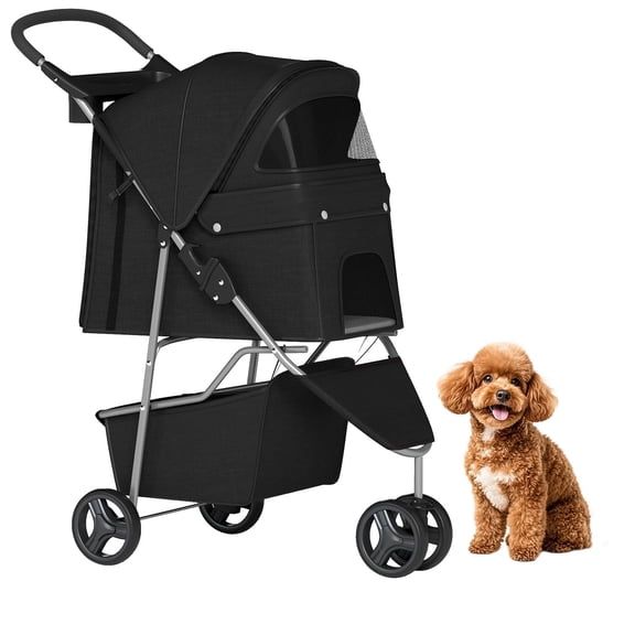 3-Wheel Pet Stroller | Dog and Cat Stroller | Breathable Mesh | Lightweight Travel Carrier | Waterproof & Foldable Design | Storage Basket | Black | for Daily Walks & Outdoor Use