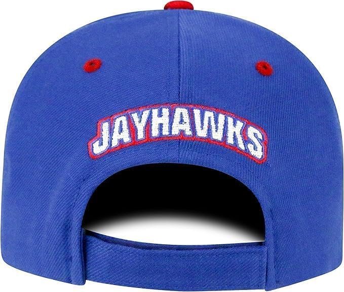 Brand New Collegiate Men's Kansas Adjustable Hat With Rear Word, 100% Cotton, Embroidered Logos, Official School Colors, Blue