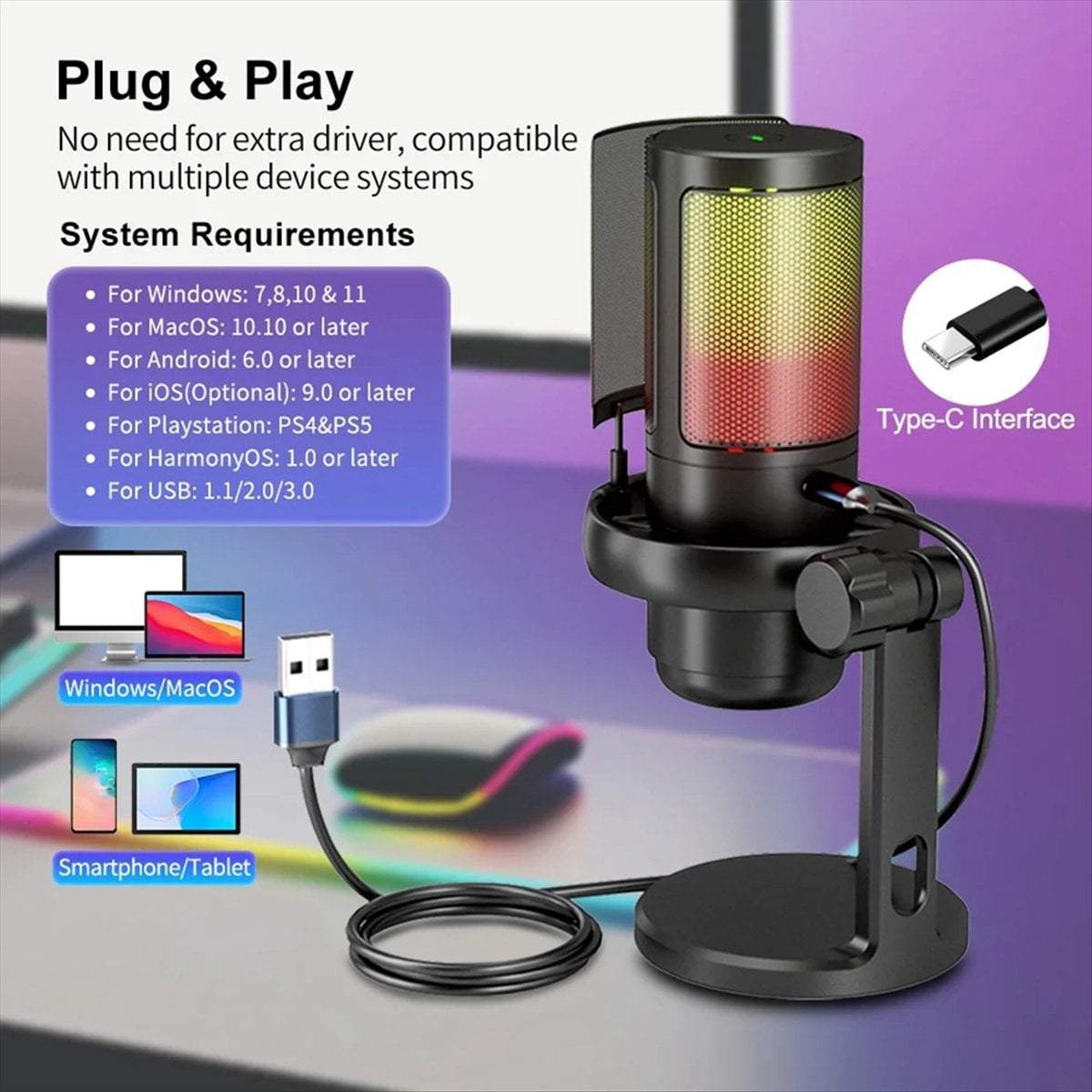Gaming RGB Microphone, USB PC Mic for Streaming, Podcasts, Recording, Condenser Computer Desktop Mic on for //