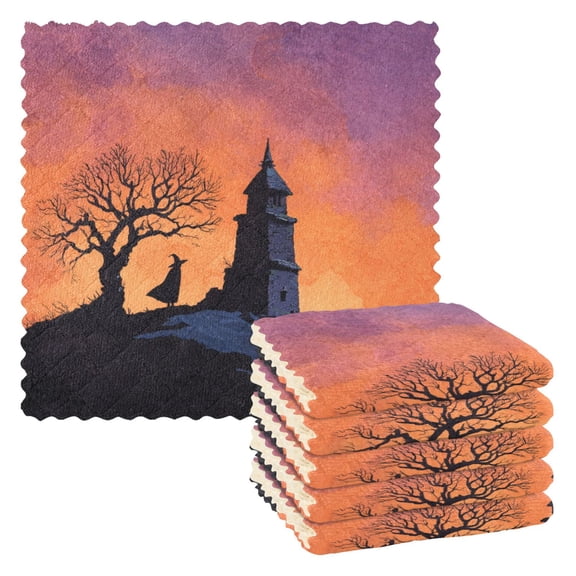 6 Pieces of Kitchen Towels 11x11Inch Kitchen Dish Cloths Kitchen Dish Towels Reuseable Cleaning Cloths Beautiful Halloween Night
