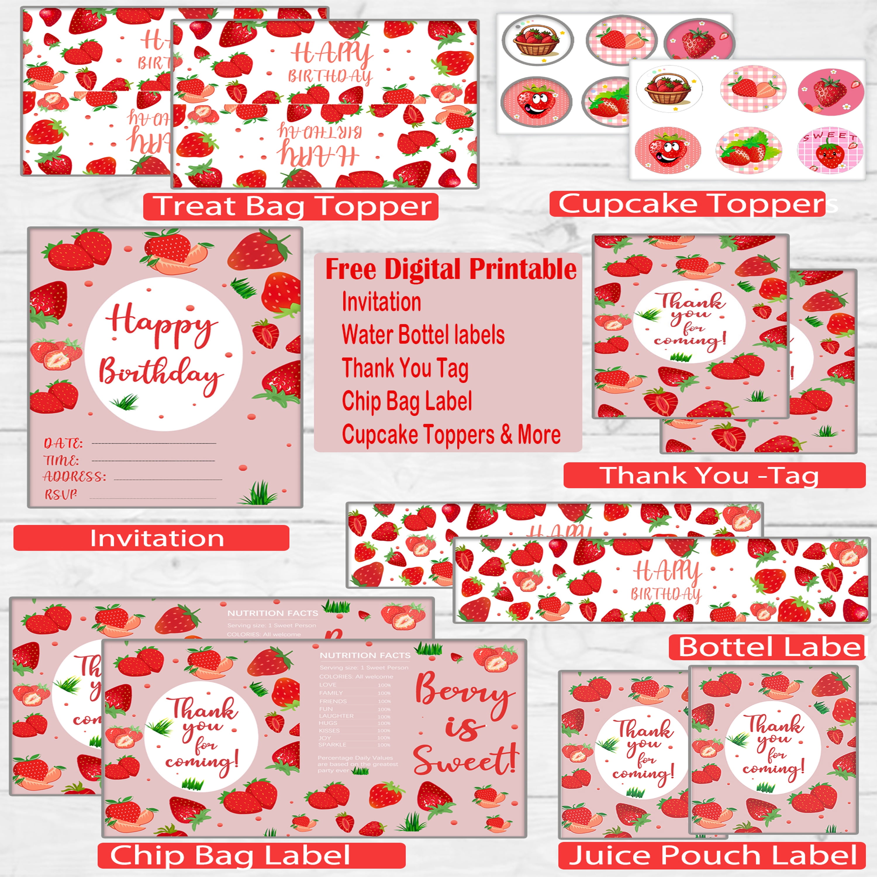 Strawberry Party Favor 84 PCS Sweet Berry Slap Treat Box Bracelets DIY Stickers Stampers Keychain Paper Straws Gift Rewards for Kids Girls Birthday Supply