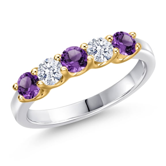 Gem Stone King 10K Two Tone Gold Purple Amethyst and White Zirconia Wedding-Bands Ring for Women | 1.13 Cttw | Round 3.5MM | Gemstone February Birthstone | Size 8