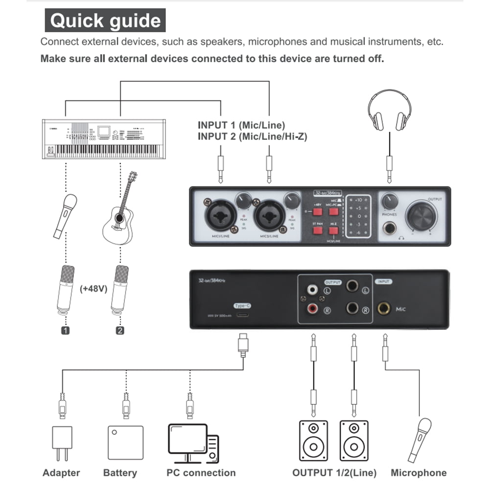 2 in 2 Out USB Audio Interface 32Bit/384KHZ Studio Kit Record Professional Sound Card 48V Phantom