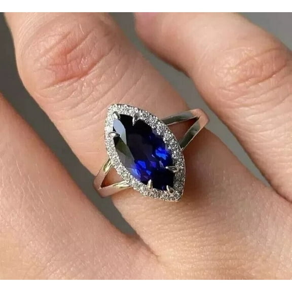 Women Wedding Ring 1.90Ct Marquise Cut Lab Created Blue Sapphire 14K White Gold Plated
