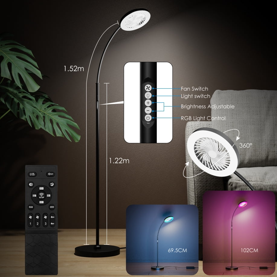 IDOGLOME Floor Fan with RGB Lights Lamp 18w 1200Lm LED Light Fixture with Standing Fan and Remote（Black）