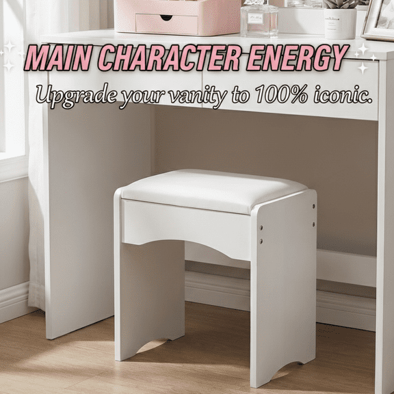 White Vanity Stool with Padded Seat - Modern Makeup Dressing Stool, Sturdy Upholstered Vanity Bench for Bedroom & Bathroom