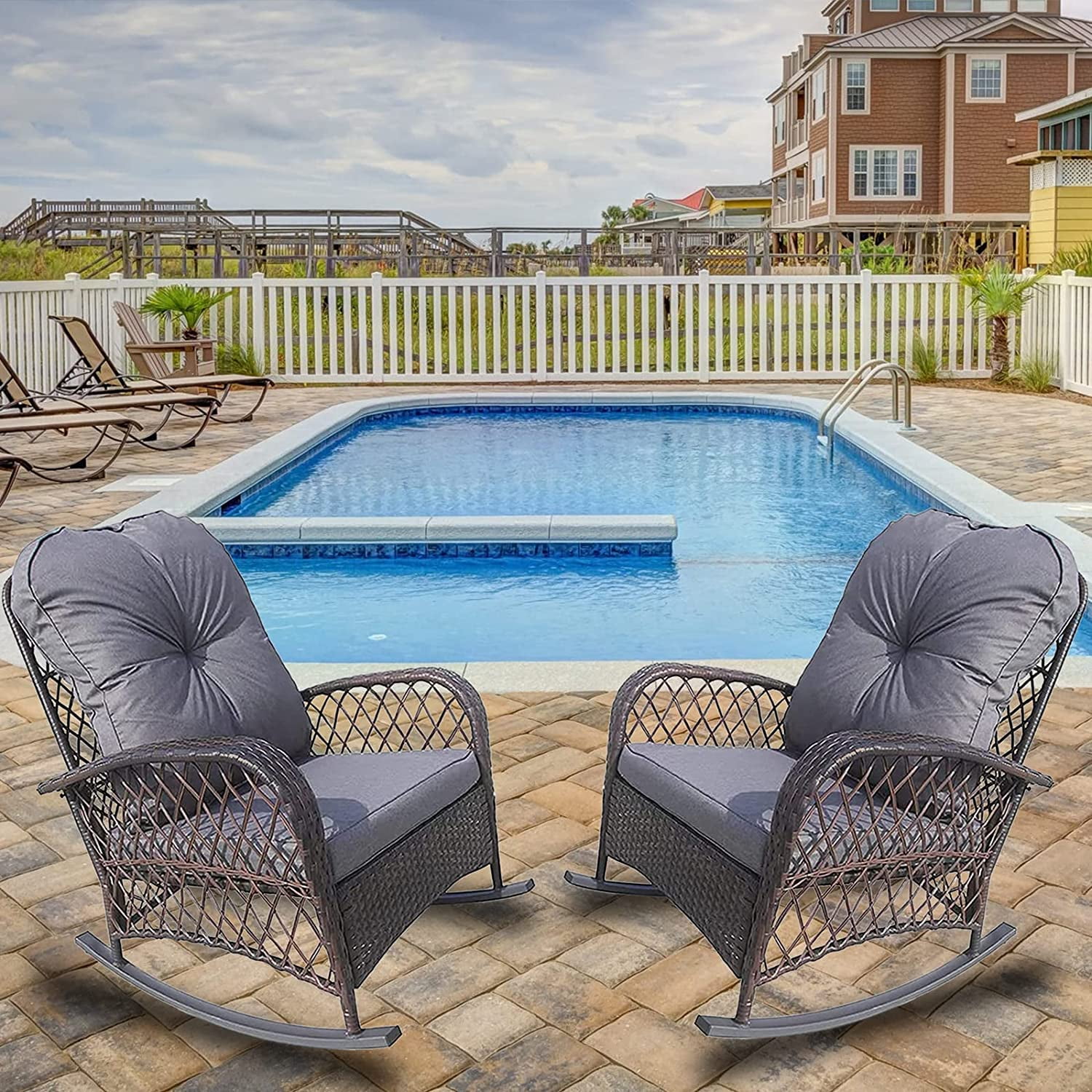 Set of Rattan Rocking Chair, Wicker Padded Rocking Chair with