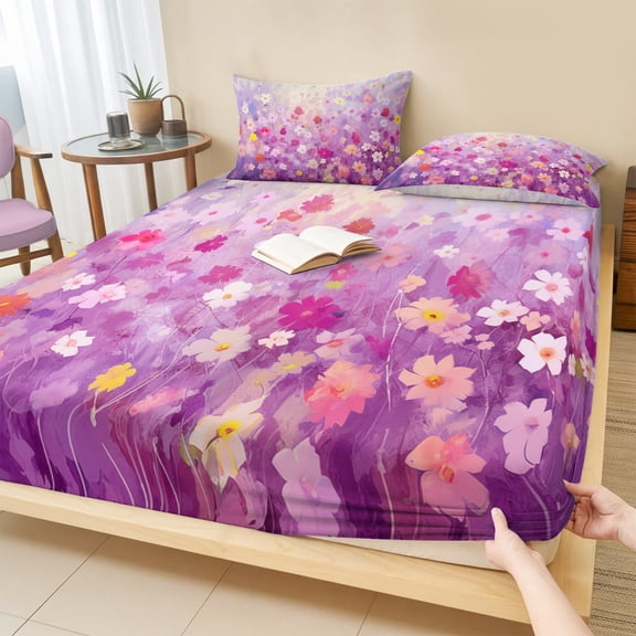 Full Size Fitted Sheet Set - Pink Spring Floral 3 Piece Bedding Sets 16" Deep Pocket Fitted Sheet with 2 Pillowcases Summer Daisy Botanical Oil Painting Brushed Microfiber Hotel Luxury Bed Sheets