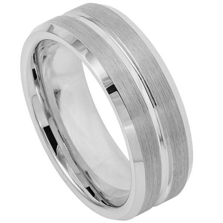 Custom Personalized Engraving Wedding Band Ring Set for Him & Her - 9mm Grooved on Brushed Center High Polished Beveled Edge
