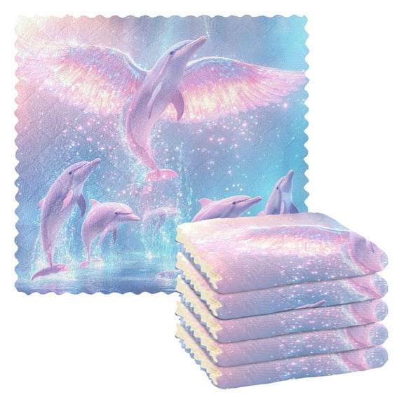 6PCS Dish Towels and Dish Cloths Reuseable Dishcloths Sets for Washing Dishes, Cooking, Baking Size 11" x 11" Dolphins and Birds