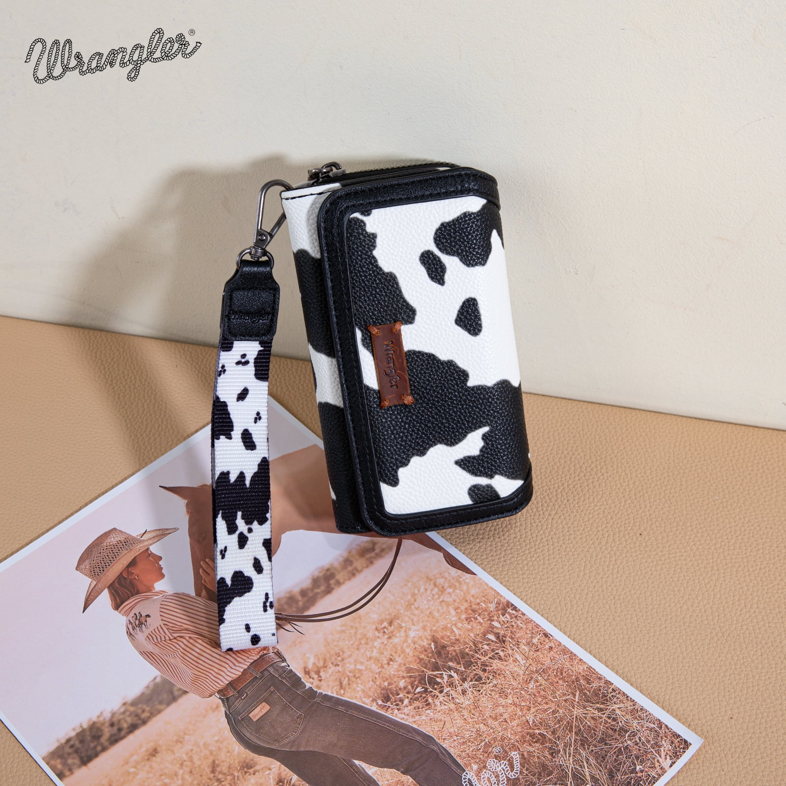 Wrangler Wallet Purse for Women Minimalist Wristlet Wallet with RFID Blocking Credit Card Holder, Cow Black