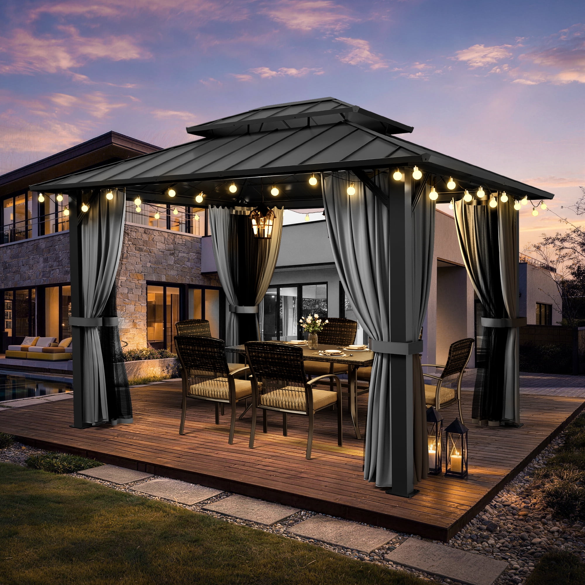 Pamapic 10x12 FT Hardtop Gazebo, Galvanized Steel Double Roof Outdoor Pavilion with Breathable Netting and Privacy Curtain, Black for Patio, Backyard, Deck, Lawn