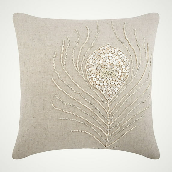 Ecru Throw Pillow Cover, Peacock Feather Mother Of Pearls Throw Pillow Cover, 20x20 inch (50x50 cm) Pillow Cover, Floral Contemporary Pillow case, Linen, Birds - Pearly Peacock Feather