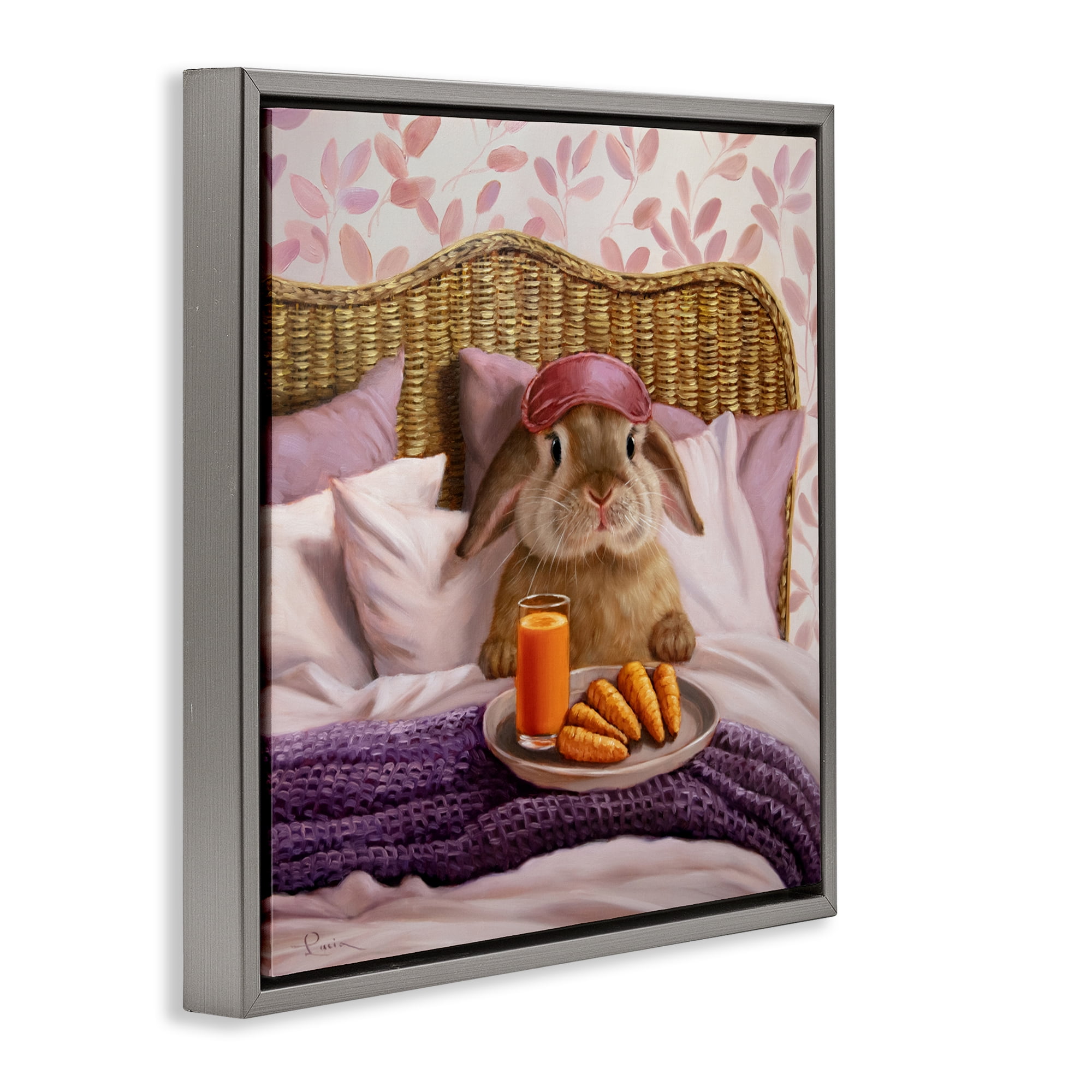 Stupell Industries Hoppy Meal Bunny in Bed Gray Framed Floater Canvas Wall Art, design by Lucia Heffernan