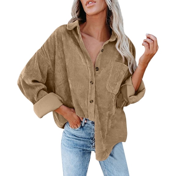 Mashaouyo Womens Corduroy Button Down Shirts Casual Long Sleeve Jacket Oversized Boyfriend Blouses Tops with Pockets