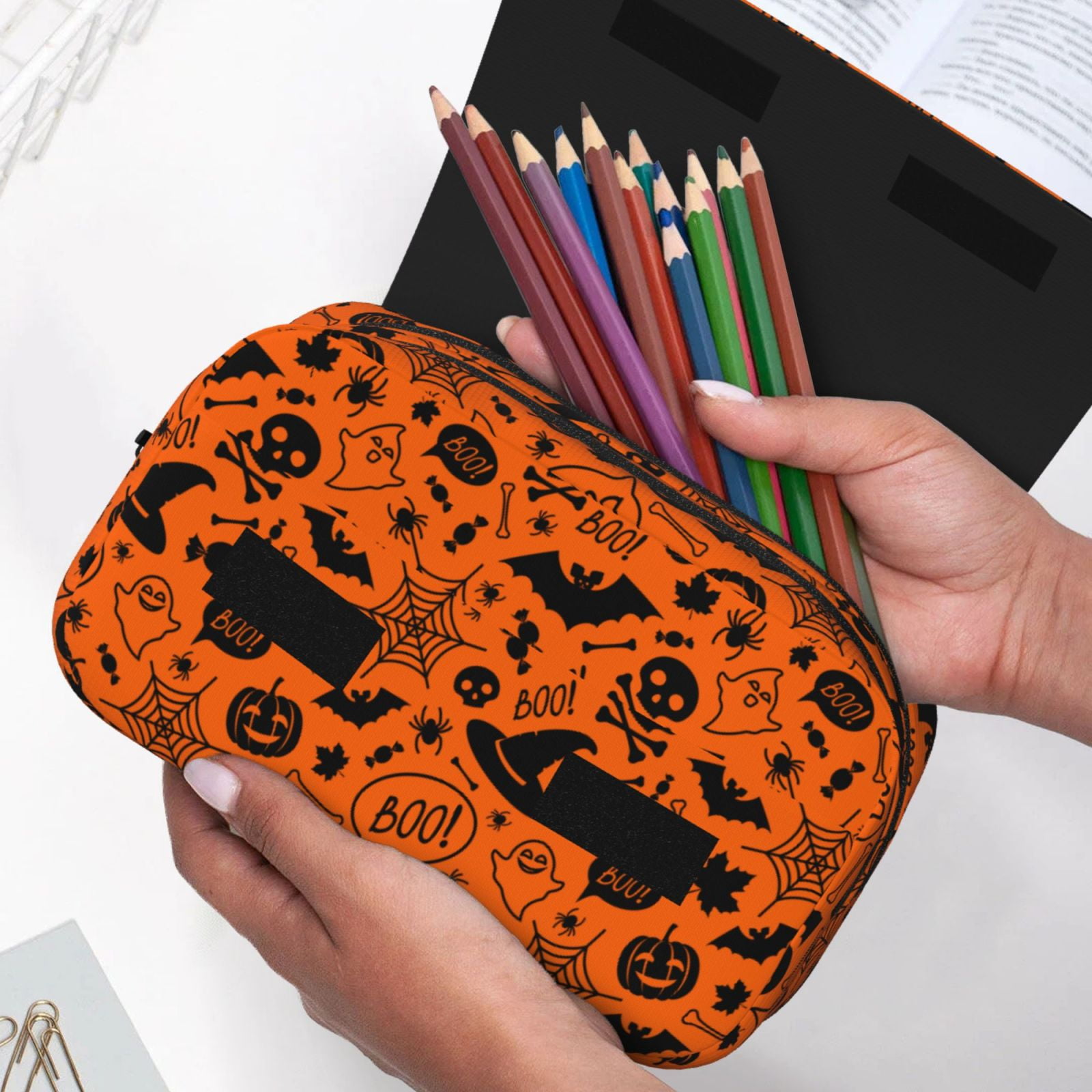 Rateoe Happy Halloween Pattern Double Clamshell Pen Case, Storage Organizer with Two Zipper Compartments– Holds Up to 50 Pencils & Pens