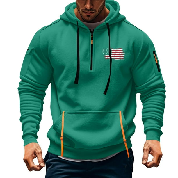 Sudadera con capucha para hombre, con estampado de bolsillo, media cremallera, cordón ajustable, informal, deportiva, de manga larga, blusa de poliéster