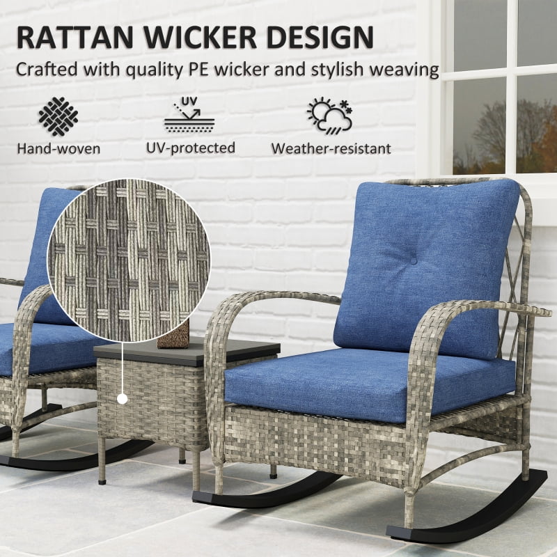 HOQBN 3 Piece Wicker Patio Furniture Set, Outdoor PE Rattan Rocking Chairs with Coffee Table, Cushions for Porch, Gray