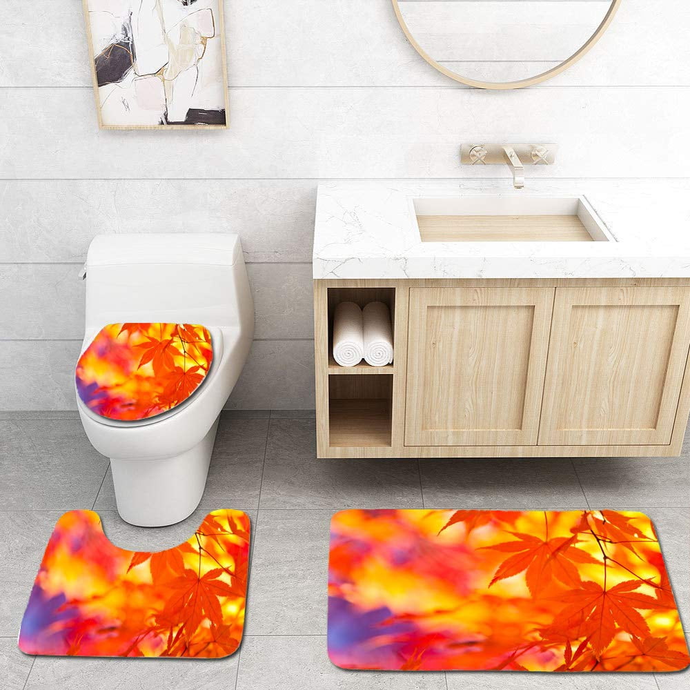 3pc Vibrant Maple Leaves Bath Floor Mat Bathroom Decor Rug with Non Slip Backing 