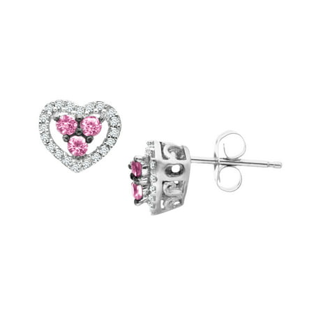Natural Pink Sapphire and 1/10 ct Diamond Heart Stud Earrings in 14kt White Gold