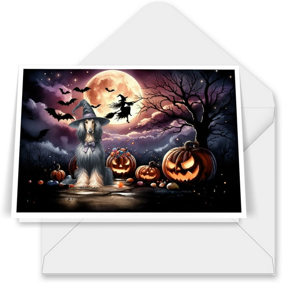 Spooky Halloween Night Witch Afghan Hound Glowing Pumpkins 7x5in Folded Greeting Card Dog Lover Single Note Card with Envelope - 12015