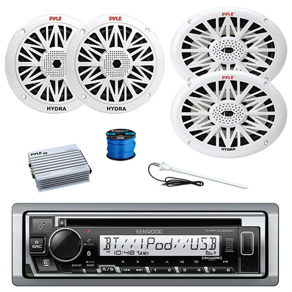 Kenwood KMR-D382BT Single DIN Marine USB Bluetooth CD Player Receiver, Amplifier, 2x 6.5'' 200W 2-Way Full Range Outdoor Speakers, 2x 6x9'' 260W 2-Way Weather Resistant Speakers, Wire, Antenna