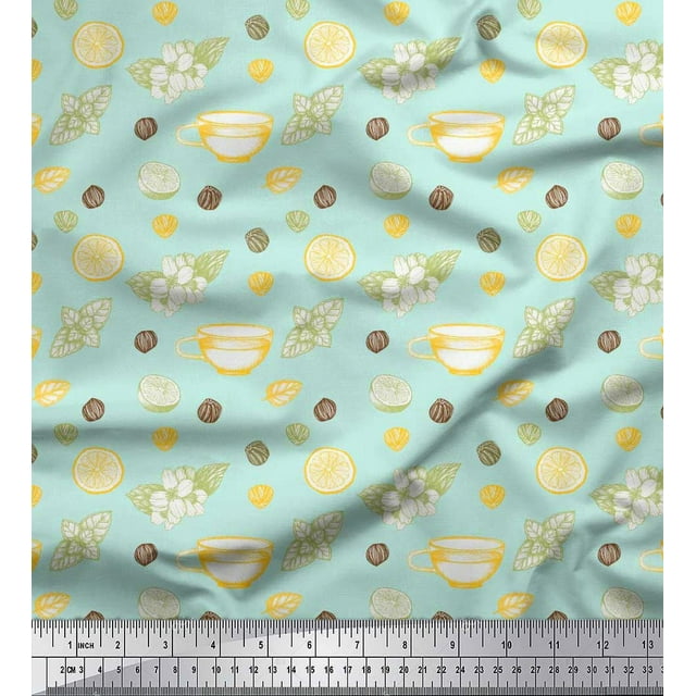 Soimoi Green Poly Georgette Fabric Floral,Tea Cup & Lemon Slice Vegetable Printed Fabric 1 Yard 52 Inch Wide
