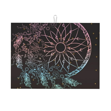 

Tebeau Dreamcatcher Print Dish Drying Mat for Kitchen Counter Dish Drying Pad with Non-slip Rubber Backed Hide Stain Anti Absorbent for Kitchen Counter Drying Mat