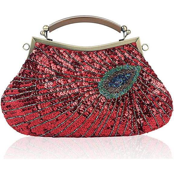 CoCopeaunts Retro Peacock Handbag Sequin Clutch Bag Evening Shoulder Bag Wedding Crossbody Bag Top Handle Satchel Kiss Lock Purse