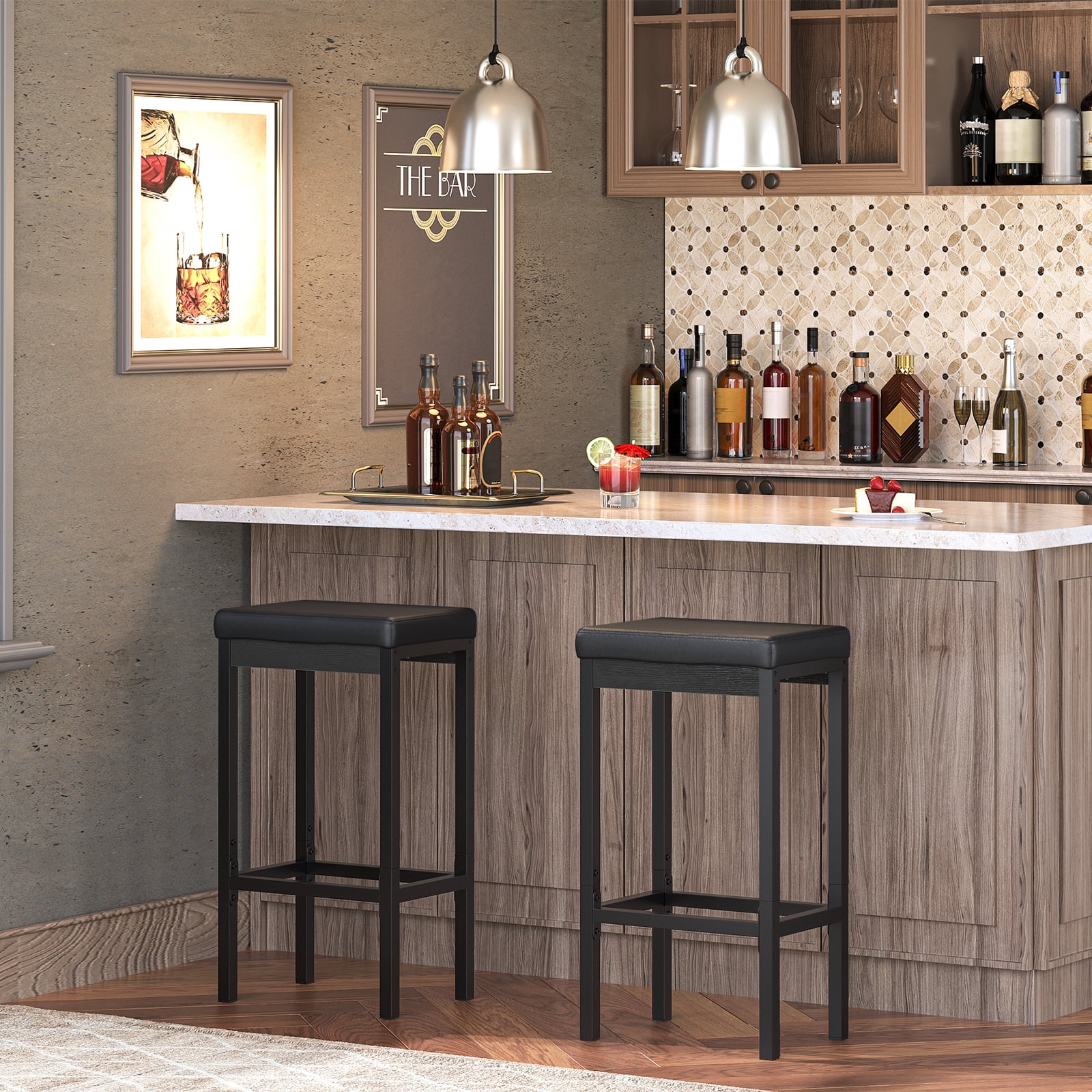 HOOBRO Adult Backless 24.8-Inch Height and 2 Inch Thick Upholstery Bar Stools - Set of 2, Black
