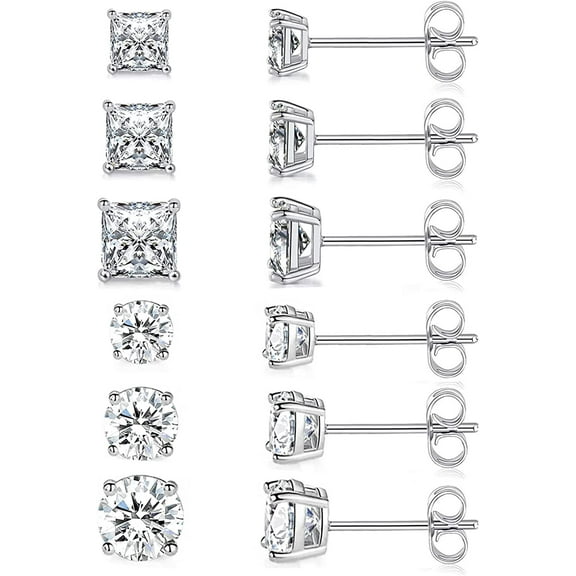 18K Rose Gold / Yellow Gold / White Gold Plated Round Cut Princess Cut Clear Cubic Zirconia Stud Earring of 6 Pairs (3-5-7MM)