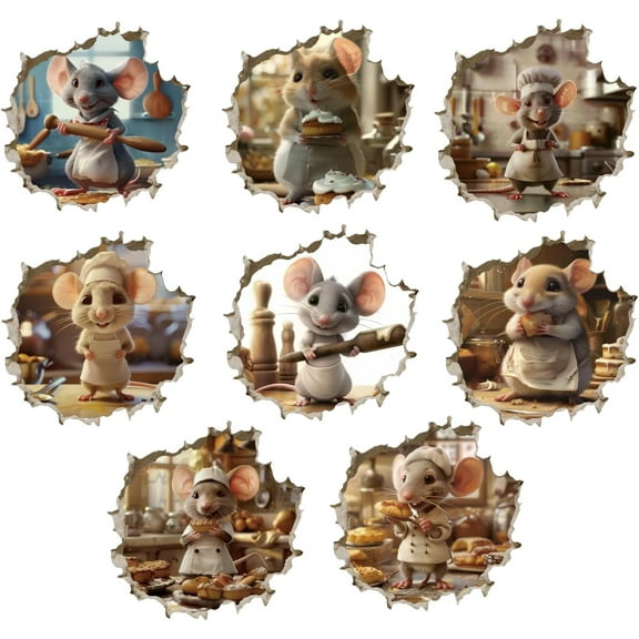 8 Pcs 3D Cute Baking Mouse Hole Wall Stickers Removable Vinyl Peel and Stick Wall Decals