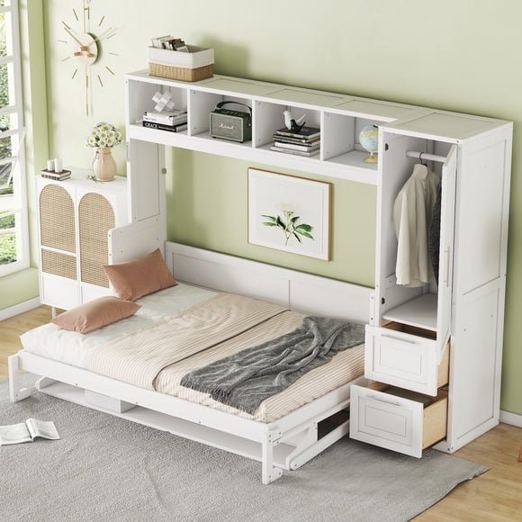 Full Size Murphy Wall Bed, Closet & Drawers, Space-Saving, for Guest Room Home Gray