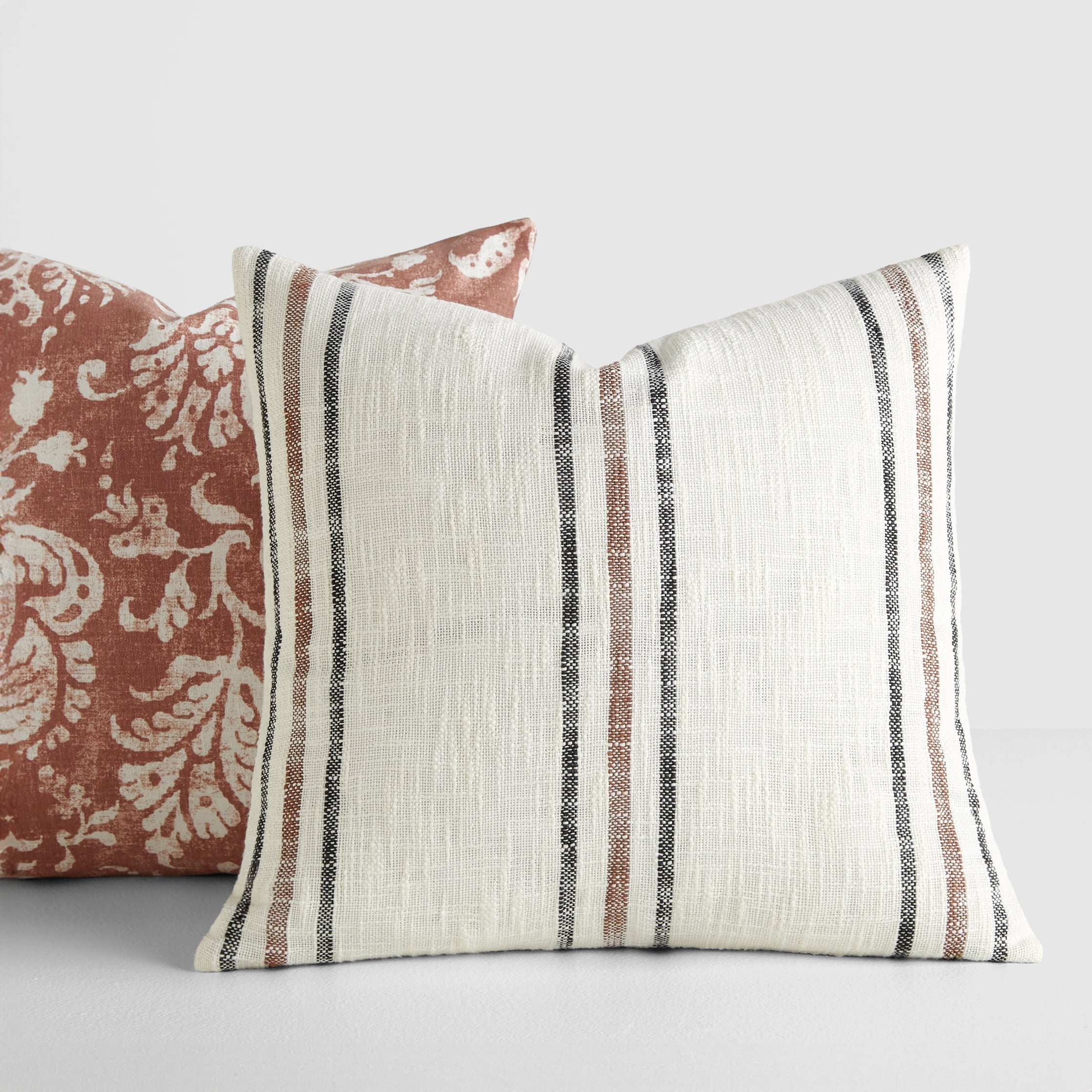 Noble Linens 2-Pack Decor Throw Pillows Floral Terracotta and Yarn-Dyed Framed Stripe