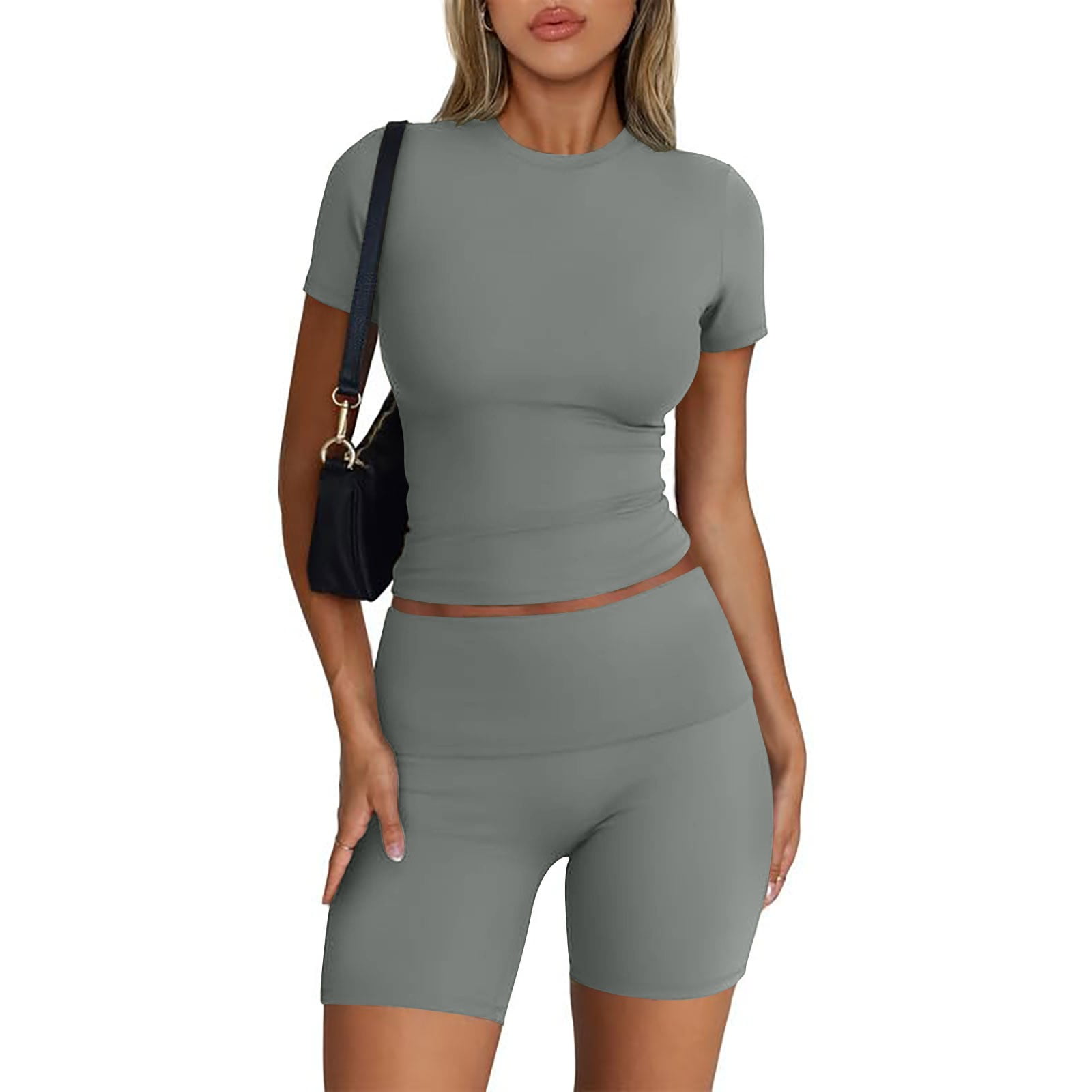 LOVZFMLL Workout Sets for Women Crew Neck Short Sleeve Crop T