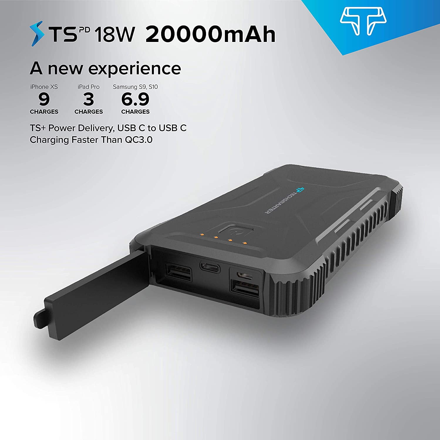 Techsmarter 20,000mah Rugged & Waterproof 18W Power Delivery USB-C Port Power Bank. Portable Phone Charger with Flashlight. Compatible with iPhone, Samsung Galaxy, iPad, Android, LG, HTC, Motorola